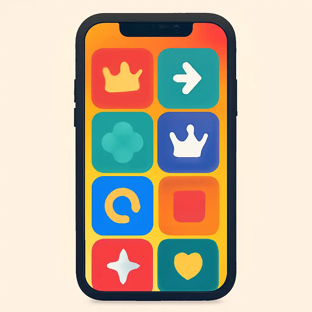 Smartphone shown from the front displaying a colourful flat layout of abstract game icons and rounded tiles (no text, no letters, no labels), 13L Game