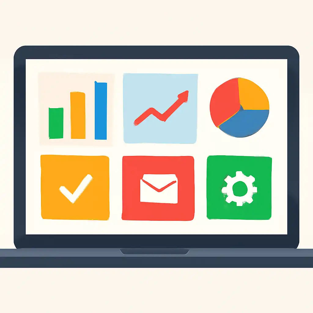Laptop shown from the front displaying a colourful flat dashboard of abstract charts, bars and icon tiles (no text, no letters, no labels), 13L Game