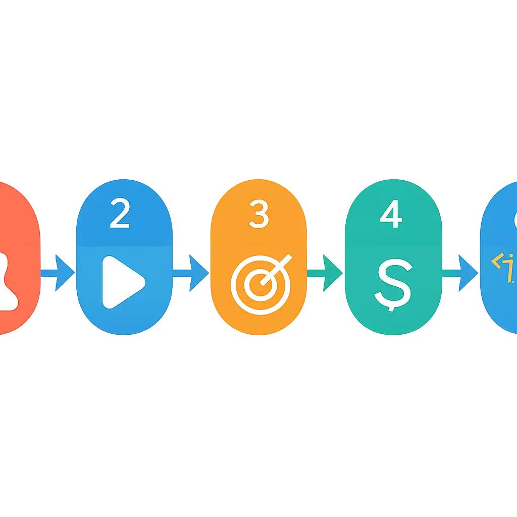 Five numbered circular icons connected by arrows in a horizontal flow, flat illustration, icons only, no words, 13L Game steps